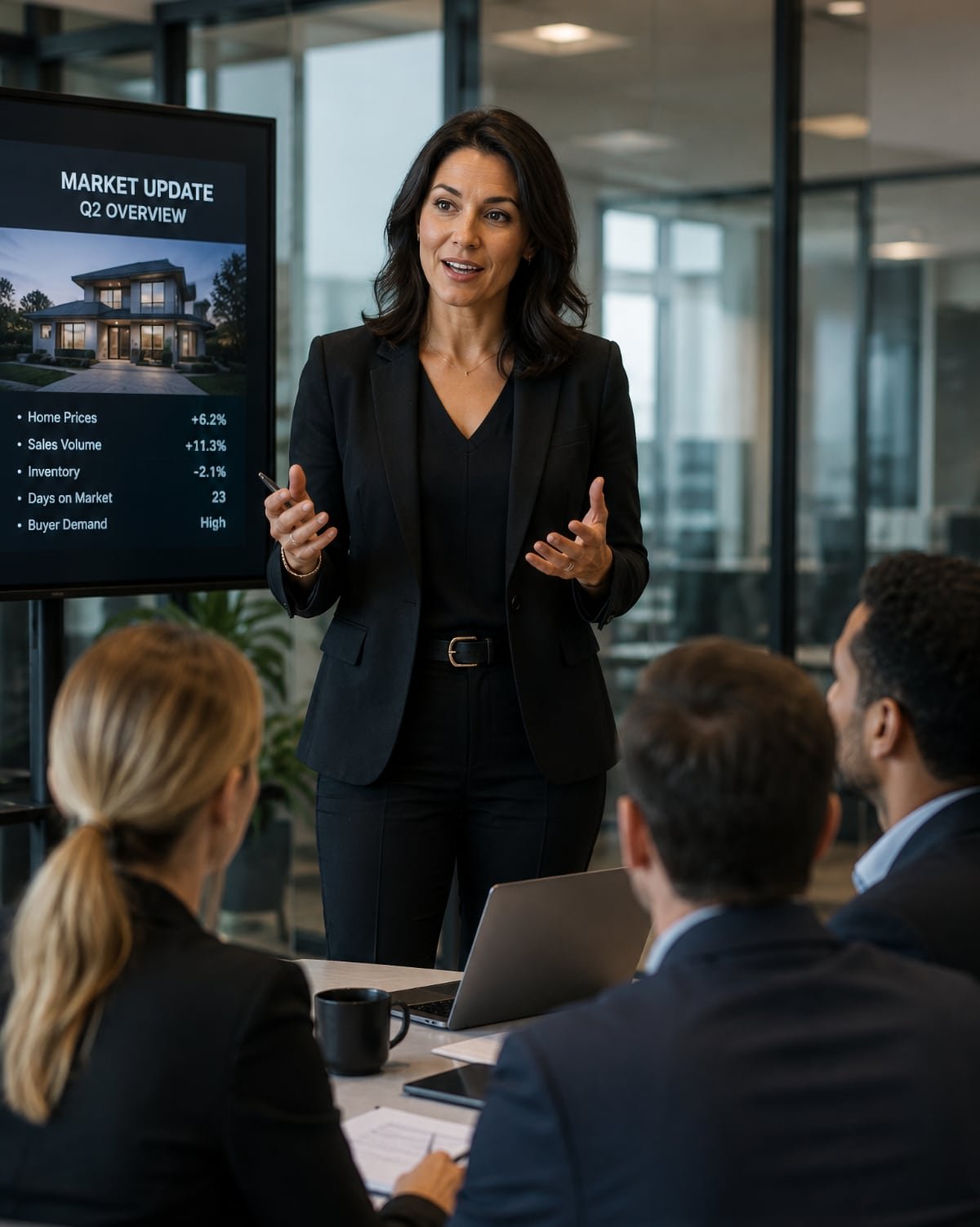 Manager presenting her team's results to senior colleagues